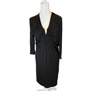 Daisy Fuentes Onyx Black Ruched V-Neck 3/4 Sleeve Midi Dress Large LBD Stretch